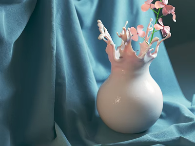White Vase With Milk Splash Design Holding Pink Small Flowers On Blue Cloth Background 3d model