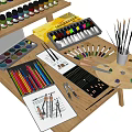 Artistic Musical Instruments and Painting Supplies with Colored Pencils Tubes Paints Brushes and Sketchbook