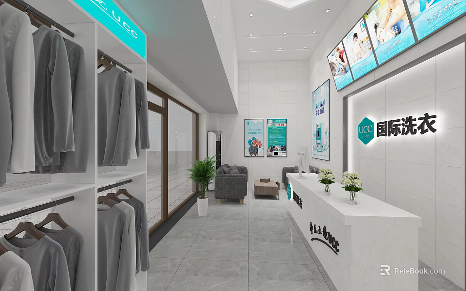 International Laundry Shop Interior With Hanging Clothes Reception Counter And Green Plants 3d model 