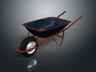 Rusted Vintage Wheelbarrow With Blue Basin Orange Handles And Black Wheel 3d model
