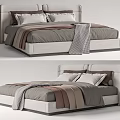 Modern Double Bed With Gray Bedding Striped Blanket And Upholstered Headboard 3d model