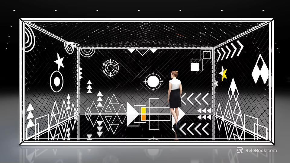 Geometric Art Installation With Stars Circles Triangles Arrows And Woman Standing 3d model 