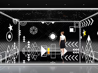 Geometric Art Installation With Stars Circles Triangles Arrows And Woman Standing 3d model