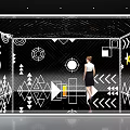 Geometric Art Installation With Stars Circles Triangles Arrows And Woman Standing