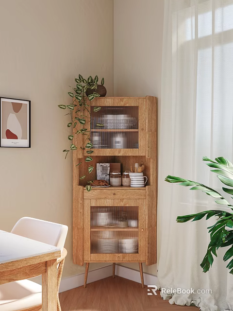 Wooden Sideboard Cabinet with Glass Doors Displaying Dishes Green Plant Framed Artwork and White Chair 3d model 