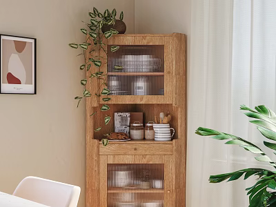 Wooden Sideboard Cabinet with Glass Doors Displaying Dishes Green Plant Framed Artwork and White Chair 3d model
