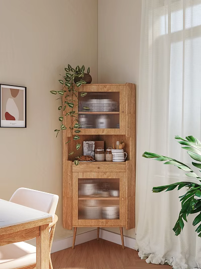 Wooden Sideboard Cabinet with Glass Doors Displaying Dishes Green Plant Framed Artwork and White Chair 3d model