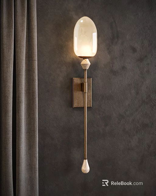 Modern Wall Lamp With White Lampshade On Gray Textured Wall And Gray Curtain 3d model 