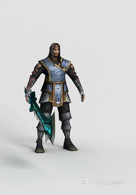 Modern Tech Exhibition Hall Showcasing Ancient Armor Figure With Green Sword 3d model