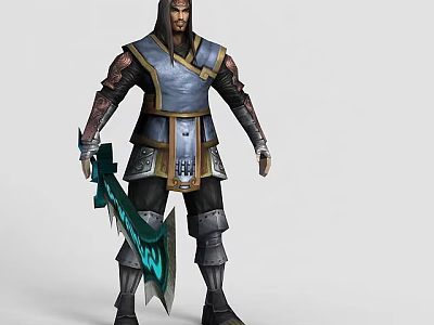 Modern Tech Exhibition Hall Showcasing Ancient Armor Figure With Green Sword 3d model