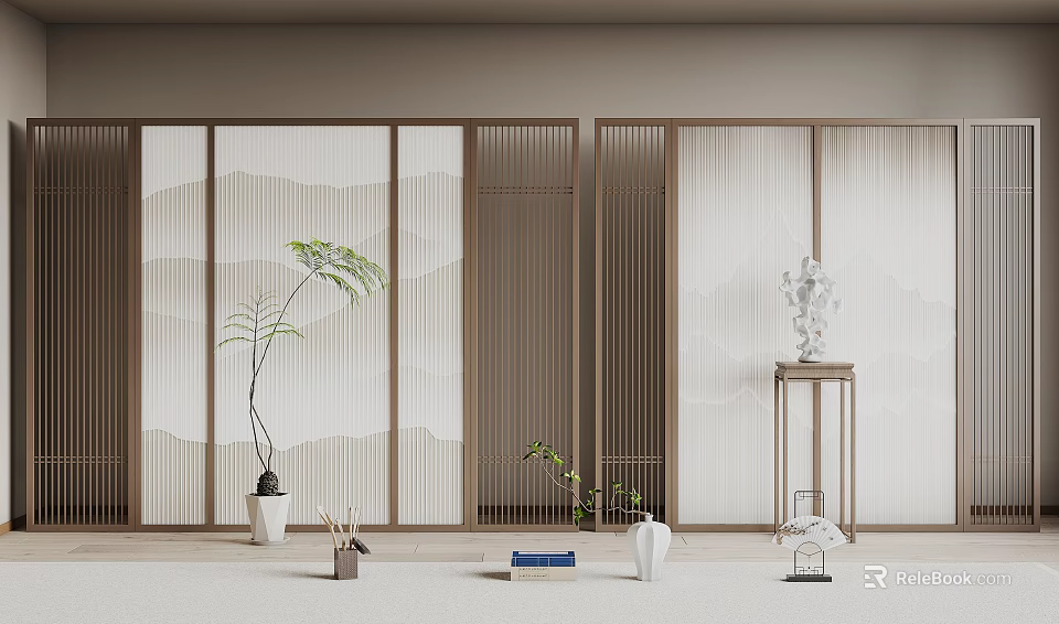 Japanese Style Bamboo Screen Room Divider With Mountain Pattern And Decorative Plants 3d model 
