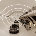 Modern Tunnel Interior With White Wave Lighting Black Cars And Modern Furniture