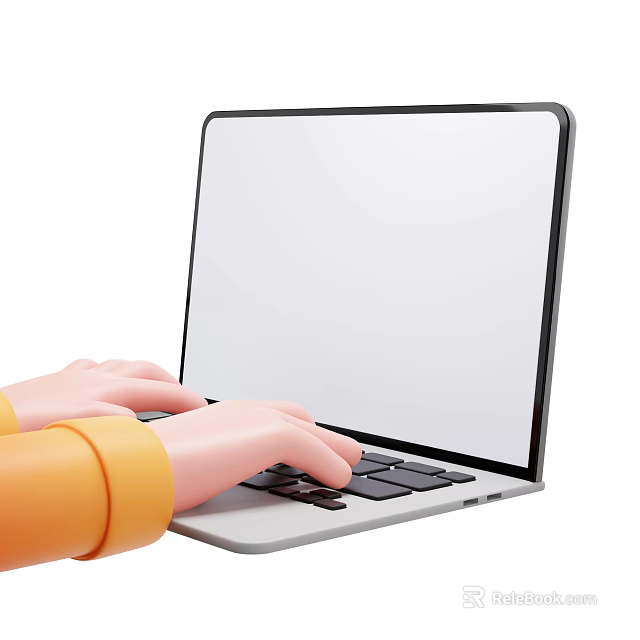 Open Laptop With White Screen And Hands Typing On Keyboard In Orange Sleeves 3d model 