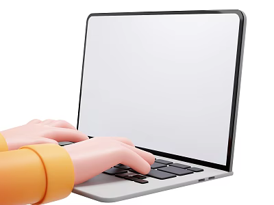 Open Laptop With White Screen And Hands Typing On Keyboard In Orange Sleeves 3d model