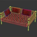 Traditional Wooden Sofa With Red Patterned Cushions Ornate Armrests And Carved Legs