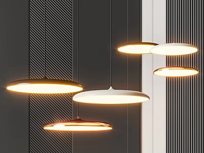 Modern Minimalist Pendant Lights With Circular Design Illuminated On Dark Striped Wall 3d model