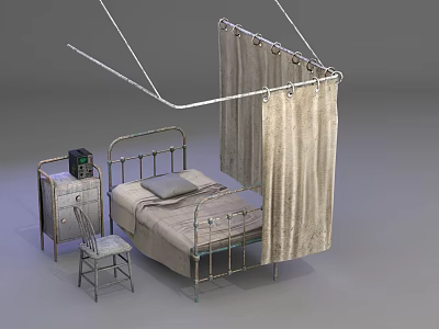 Classic Metal Frame Single Bed With Canopy Curtain Nightstand Alarm Clock And Chair 3d model