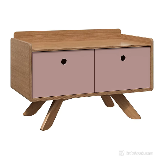 Minimalist Wooden Bedside Table With Two Pink Drawers Black Circular Knobs And Three Legs 3d model