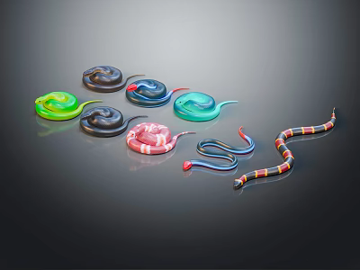 Colorful Snakes in Various Colors Coiled and Stretched on Dark Background 3d model