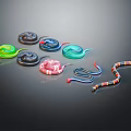 Colorful Snakes in Various Colors Coiled and Stretched on Dark Background