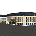 Modern Office Building With Glass Curtain Wall And Spacious Front Plaza Entrance