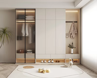 Modern Minimalist Shoe Cabinet Interior Design With Glass Door Storage And Clothes Hanging Area 3d model