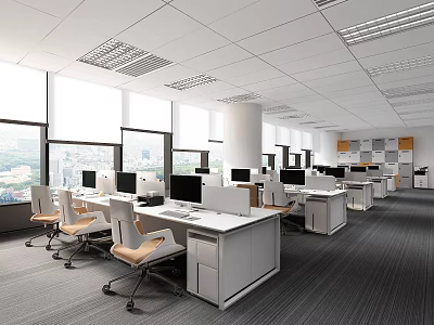 Modern Public Office Workspace With Desks Computers Chairs Large Windows And Natural Light 3d model