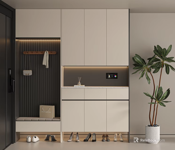 Modern Shoe Cabinet With Storage Bench Hooks Decorative Items Digital Display And Indoor Plant 3d model 