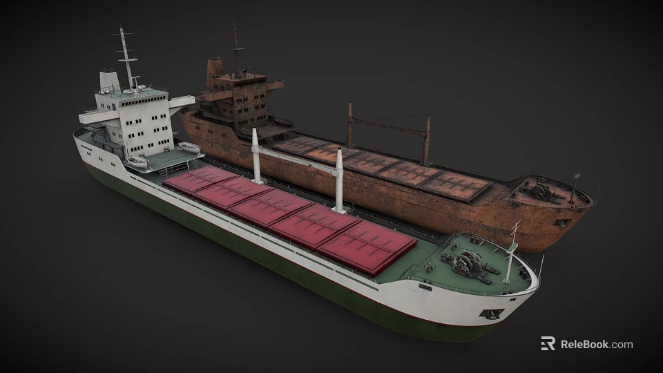 Large Cargo Ship Featuring Red Cargo Covers Green Hull And Deck Equipment 3d model 