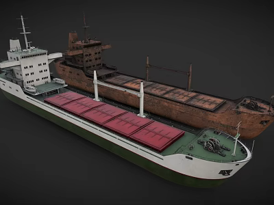 Large Cargo Ship Featuring Red Cargo Covers Green Hull And Deck Equipment 3d model