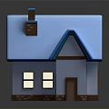 Cartoon House Scene With Blue Roof White Walls Brown Chimney Windows Brick Base And Reflection