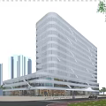 Modern Curved Glass Office Building Surrounded By Urban Skyscrapers With Pedestrian Plaza And Greenery