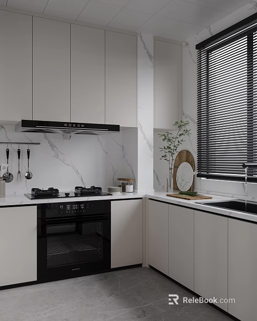 Modern Kitchen With White Cabinets Black Range Hood Marble Countertop Blinds And Green Plant Decor 3d model 