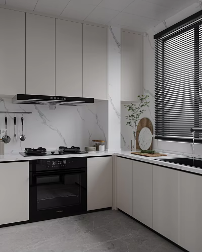 Modern Kitchen With White Cabinets Black Range Hood Marble Countertop Blinds And Green Plant Decor 3d model