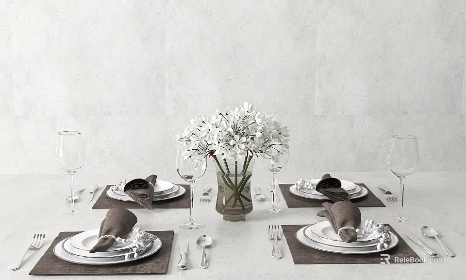 Elegant Dinnerware Set with White Flowers Placemats and Glassware on Table 3d model 