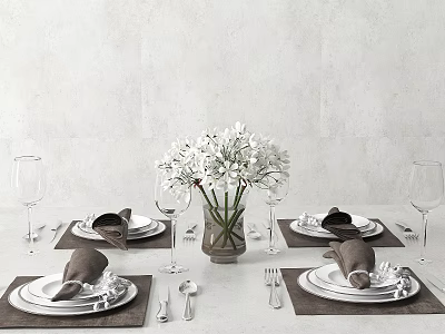 Elegant Dinnerware Set with White Flowers Placemats and Glassware on Table 3d model