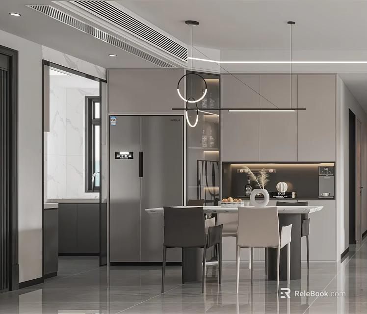 Modern Dining Room Interior Design With Gray Cabinets Dining Table And Pendant Lights 3d model 