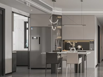 Modern Dining Room Interior Design With Gray Cabinets Dining Table And Pendant Lights 3d model