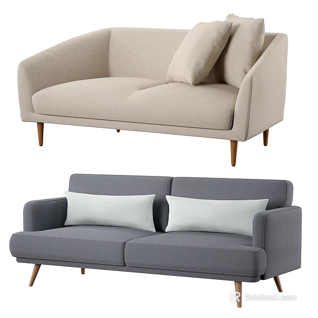 Stylish Two Seater Sofa with Beige Gray Upholstery Wooden Legs and Cushions 3d model 