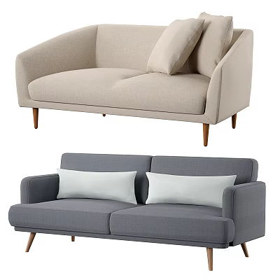 Stylish Two Seater Sofa with Beige Gray Upholstery Wooden Legs and Cushions 3d model