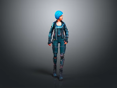 3D Rendered Female Character With Blue Hair Leather Jacket Tactical Pants And Boots 3d model