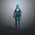 3D Rendered Female Character With Blue Hair Leather Jacket Tactical Pants And Boots