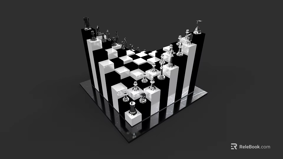 3D Chessboard Design With Black And White Squares And Chess Pieces 3d model 