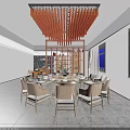 Elegant Private Dining Room With Round Table Beige Chairs Red Pendant Light And Wooden Bookshelf