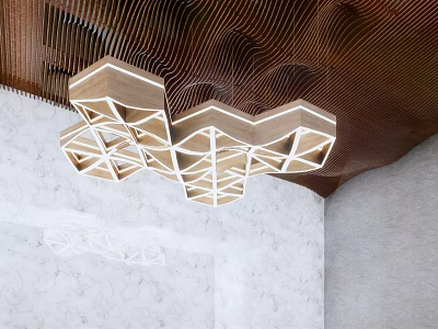Modern Minimalist Interior Featuring Hexagonal Wooden Chandelier On Wavy Ceiling 3d model