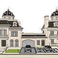 Twin Villa Exterior With Domed Roofs Stone Facade Balconies Parking Area And Mountain View
