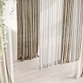 Sheer And Opaque Curtains In Bright Interior With Light Floor And Green Plants