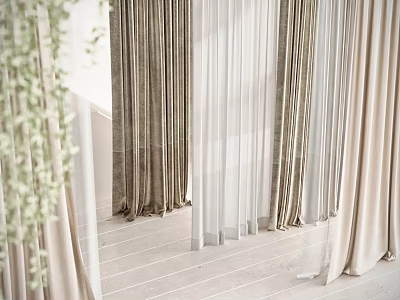 Sheer And Opaque Curtains In Bright Interior With Light Floor And Green Plants 3d model