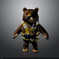 Brown Bear Character Wearing Yellow Life Jacket Standing On Gray Background 3d model