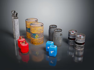 Various Colored Metal And Plastic Storage Barrels And Cans 3d model